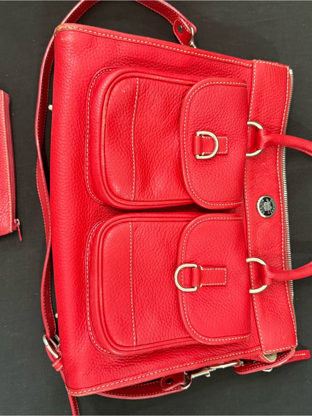 Dooney & Bourke Red Pebbled Leather Satchel with Front Pockets